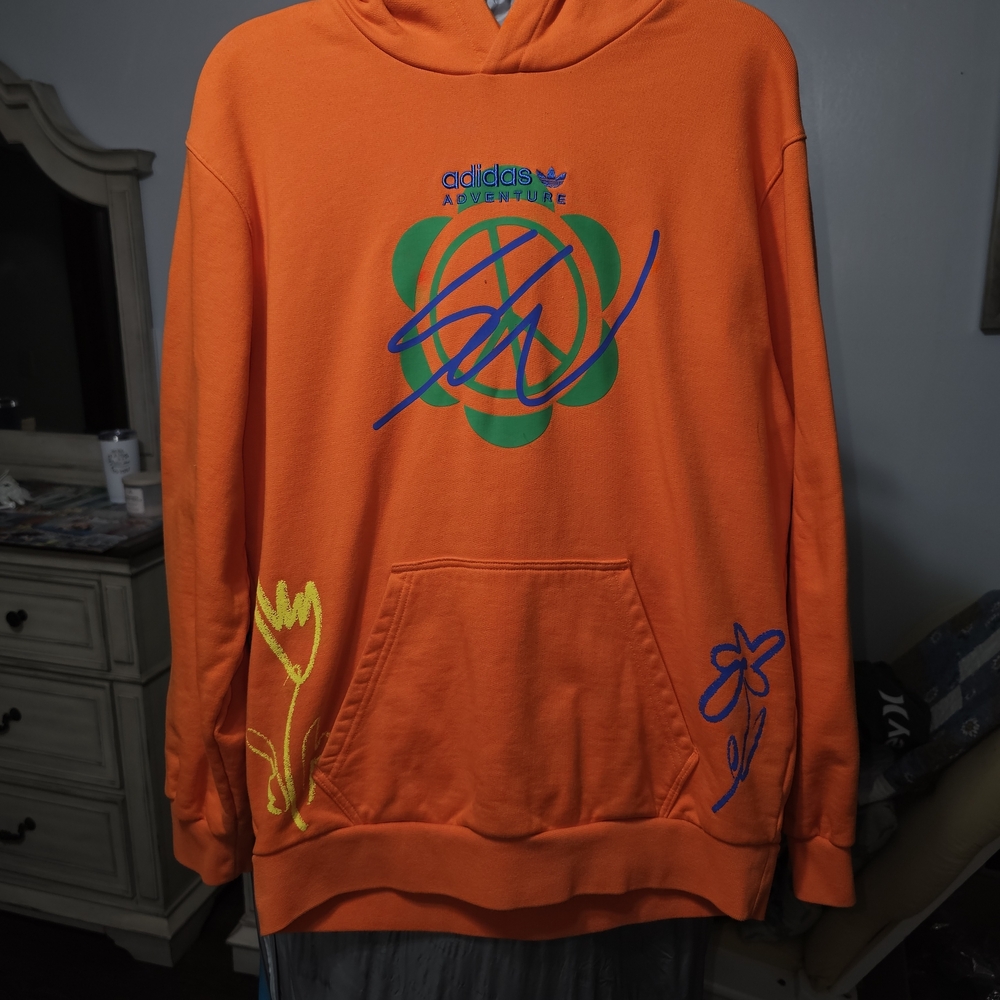 Adidas Orange Hoodie with Blue and Green Graphics